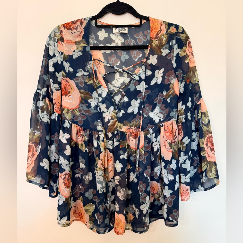 Show Me Your MuMu Navy Floral Lace-Up Boho Blouse